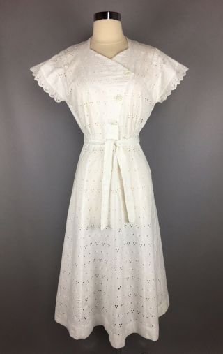Vintage 1940s 1950s Sheer White Cotton Eyelet Cap Sleeve Dress W/ Sash Belt