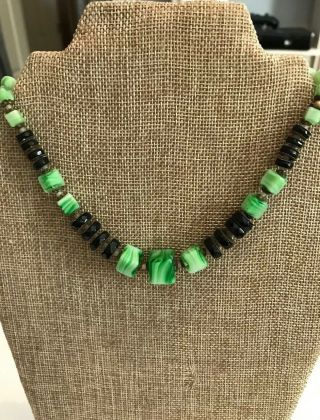 Antique Art Deco Czech Glass Necklace Knotted Green Black Beads 15” Screw Clasp