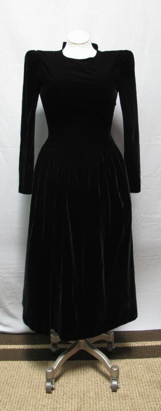 Vtg Black Velvet Bow Victorian Style Dress - 80 