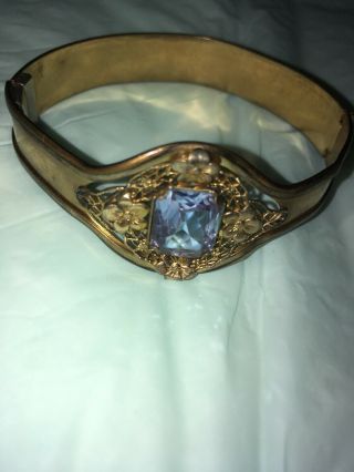 Antique Vtg Czech Amethyst Glass Bangle Bracelet 4