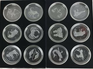Val St Lambert Zodiac Coasters 12 Vintage Engraved & Signed 2 Boxes