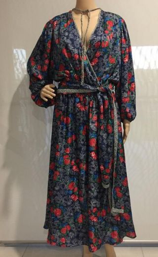 Diane Freis Floral Belt Faux Wrap Boho Gypsy Party Vintage Dress / Size