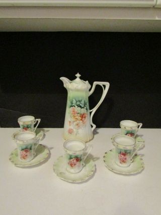 Vtg Rs Prussia Porcelain Hand Painted Chocolate Pot W Five Cups And Saucers