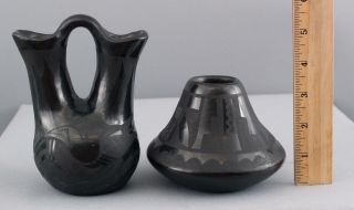 2 Vintage Mid - 20th Century Santa Clara Pueblo Black Pottery Wedding Vase & Pot