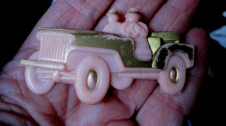 Vintage 1930s - 40s Plastic Pink,  Gold Military Soldiers In Pink Jeep Brooch/pin
