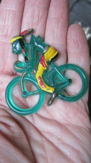 Vintage 1930s - 40s Plastic Indian Chief On Green Bicycle Hand Painted Brooch/pin