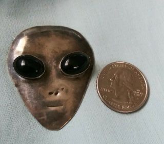 Vtg Handmade OOAK Sterling Silver Black Onyx Eyes Face Head Alien Pin Brooch 6