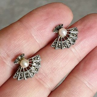 Vintage Art Nouveau Jewellery Real Pearl Stamped Silver Marcasite Earrings