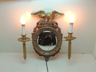 Vintage Syroco Gold Eagle Convex Mirror Candle Lamps