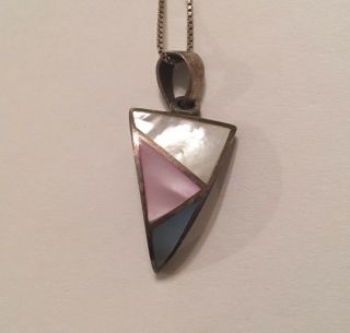Vintage Sterling Silver Pink Blue White Mother Of Pearl Pendant Necklace 18 "