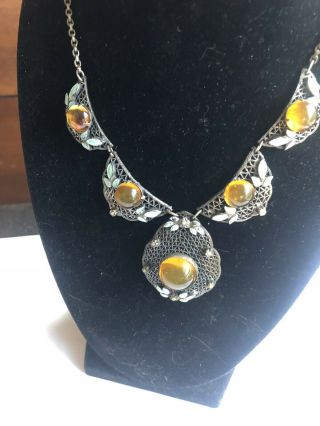 Vintage Art Deco Czech Geometric Amber Glass Enamel Flower Necklace 15”