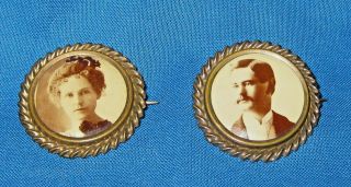Pair (2) Of Victorian Mourning Pins Brooches Handsome Man And Young Woman