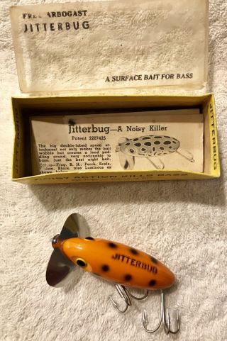 Fishing Lure Fred Arbogast Jitterbug Rare Spotted Orange Box & Papers Beauty
