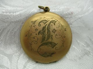 Old Vintage Antique Jewelry Etched Letter E Locket Pendant Gold Plate No Chain