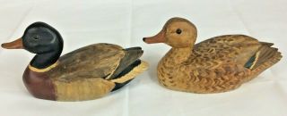Set Of 2 Vintage Olive George Wooden Mallard Duck Decoy Hand Carved Rustic Lodge