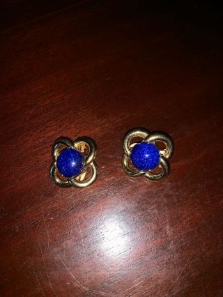Vintage Christian Dior Back Clip - On Earrings Faux Gold & Lapis