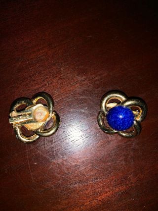 Vintage Christian Dior Back Clip - On Earrings Faux Gold & Lapis 4