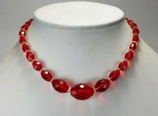 Vintage Art Deco Ruby Red Czech Glass Bead Choker Necklace Graduated 14.  5 "