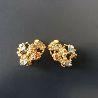 Christian Lacroix Vintage Gold Tone Earrings Multicolour Rhinestones Mini Heart