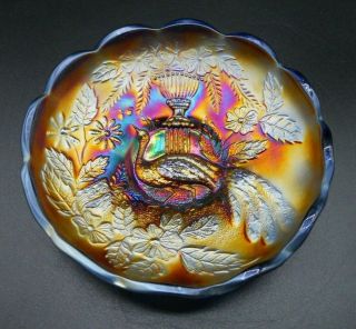 Rare Vintage Northwood Peacock And Urn Blue Carnival Glass Bowl 2