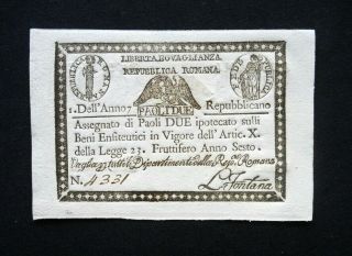 1798 Vatican Italy Rare Assignat Banknote 2 Paoli Unc Gem