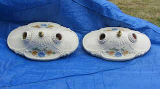 2 Vintage Porcelier Porcelain Ceramic Double Socket Ceiling Light Fixture Floral