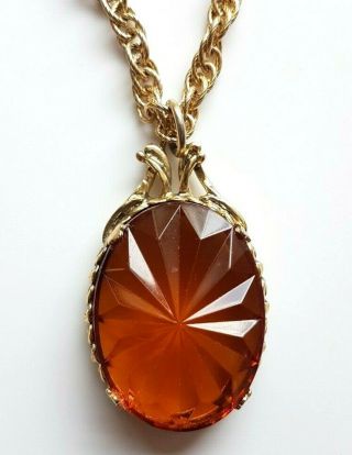 Vintage Whiting & Davis Signed Chunky Topaz Glass Gold Tone Pendant Necklace