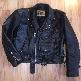Vintage Hudson Black Leather Motorcycle Jacket Size 44