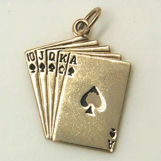 Vintage Royal Flush Pendant Charm 14k Yellow Gold With 14k Link Lock Jump Ring