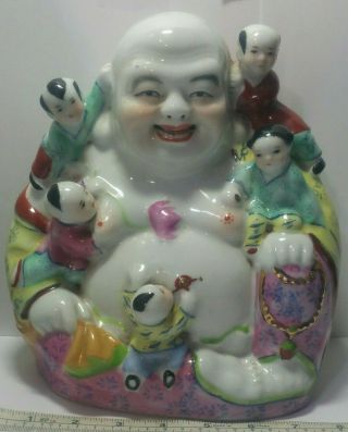 Vintage Chinese Porcelain Laughing Buddha With 5 Children.  Stamped 15.  9 " Tall