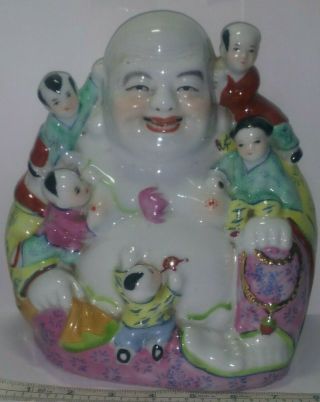 Vintage Chinese Porcelain Laughing Buddha With 5 Children.  Stamped 15.  9 