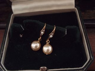 Vintage Black Diamond Crystal & Round Pearl Drop Earrings.  V Downton Abbey