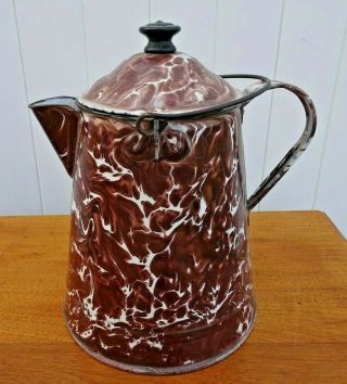 Antique Graniteware 11 " Coffee Pot Chocolate Brown & White Swirl Agate - Vintage