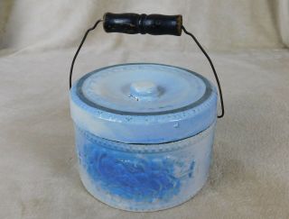 Blue And White Stoneware Apple Blosson Butter Crock W/lid - Rare Piece