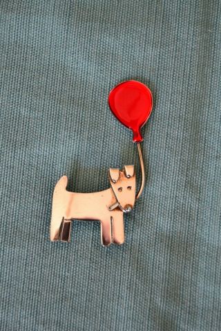 Vintage A&j Harvey 925 Sterling Silver Dog With Red Balloon Brooch (ac)