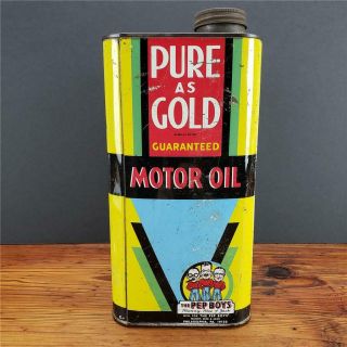 Vintage 2 GALLON PEP BOYS pure as gold MOTOR OIL METAL CAN Butler,  PA 6