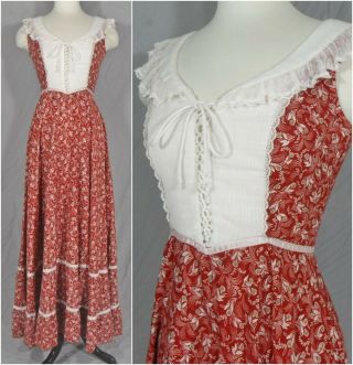 Vtg 70s Gunne Sax Red Floral Calico Corset Lace Prairie Hippy Boho Maxi Dress S
