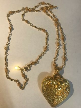 Vintage Kirks Folly Large Gold Tone Heart Locket Pendant And 32 " Necklace