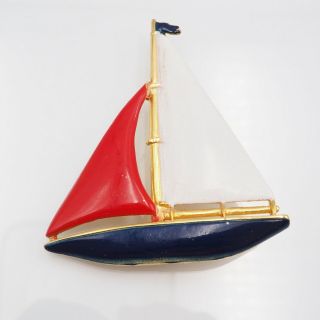 Vintage Gold Tone Red White & Blue Enamel Sail Boat Nautical Fashion Brooch Pin