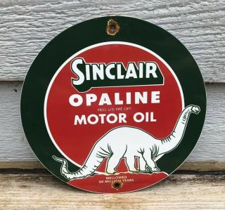 Vintage Sinclair Opaline Motor Oil W/ Dino Porcelain Metal Gasoline Sign Gas