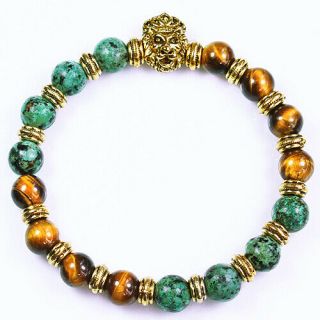 8mm Silver Over Natural African Turquoise Tigereye Round Beads Bracelet Bctf6