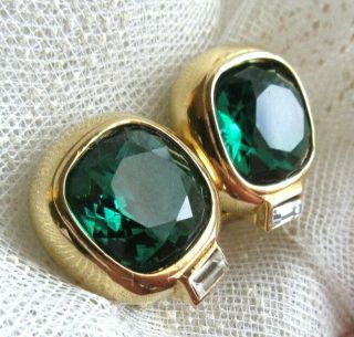 Nina Ricci Elegant Vintage Emerald - Green Rhinestone Clip - On Earrings