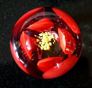 A Vintage Art Glass Paperweight With Red And Yellow Flower 2