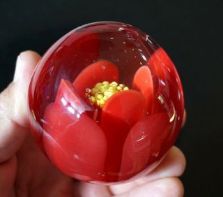 A Vintage Art Glass Paperweight With Red And Yellow Flower 4