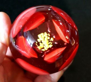 A Vintage Art Glass Paperweight With Red And Yellow Flower 5