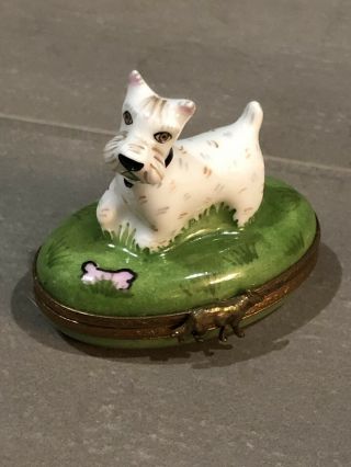 Vintage Limoges Peint Main West Highland White Terrier Dog Porcelain Trinket Box