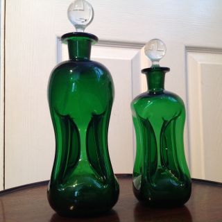 Vintage Two Retro Holmegaard Green Decanters Designed By Jacob Bang
