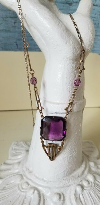Vintage Sadie Green Art Nouveau Style Purple Faceted Glass Necklace 15” Long