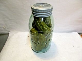 Vintage Beaver Fruit Jar 1/2 Gallon Filled With Plastic Pickles For Display 9.  5 "