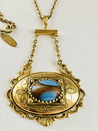 Vintage Whiting & Davis Gold Tone Victorian Style W/ Blue & Brown Stone Necklace